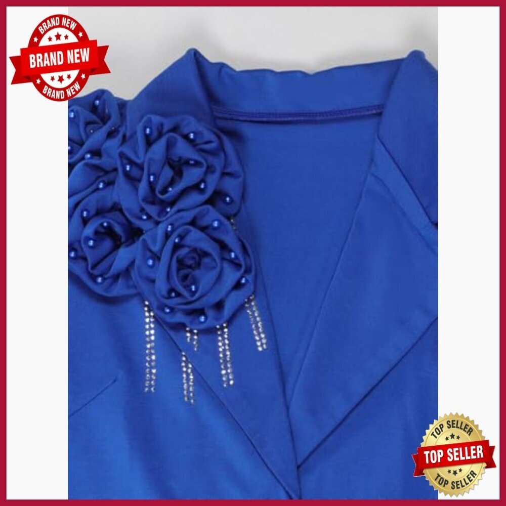 Women's 2 Piece Blazer Dress Set Rhinestone 3D Flower Bodycon Midi Formal - Picture 4 of 6